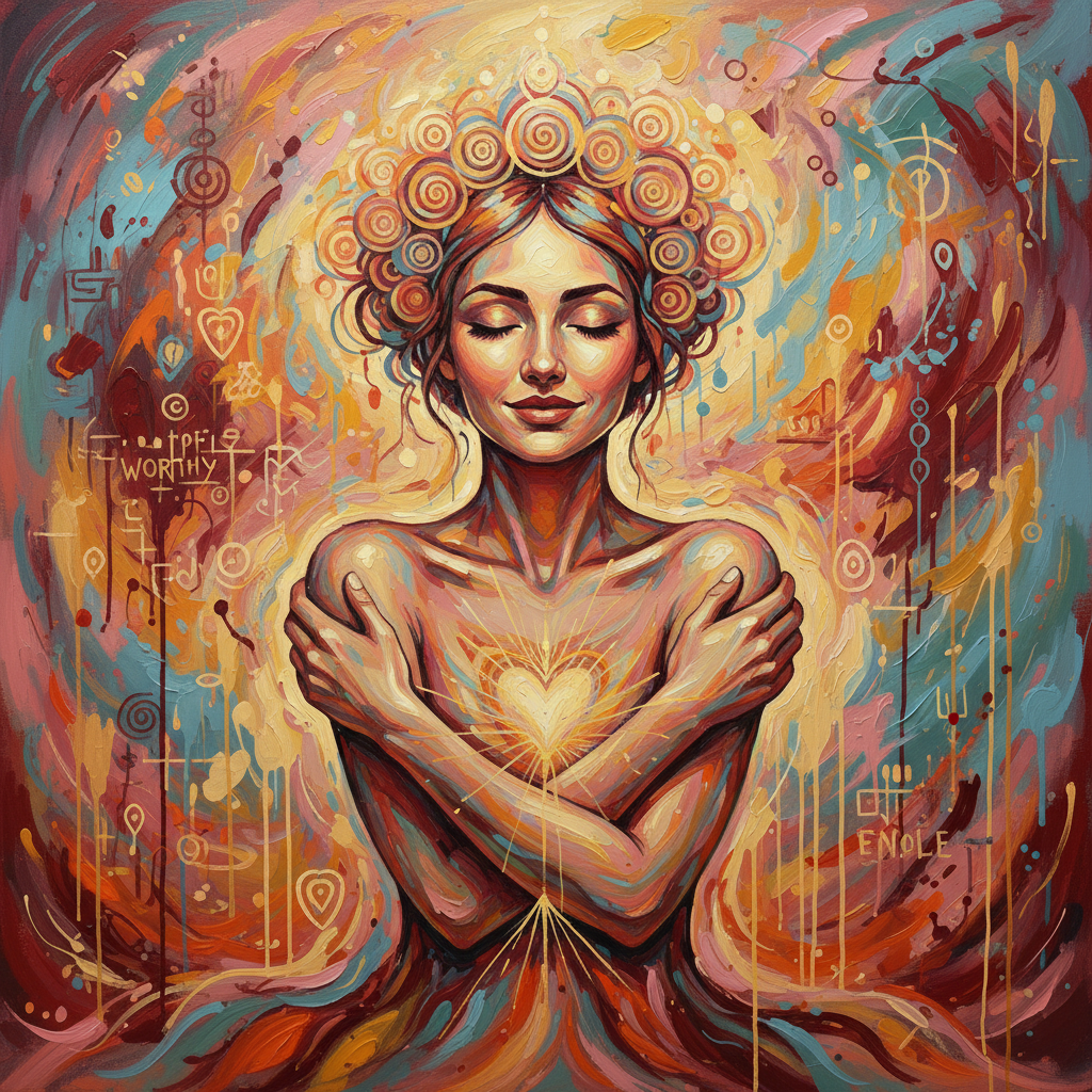 Vibrant painting of a smiling woman hugging herself with a glowing heart and text WORTHY.