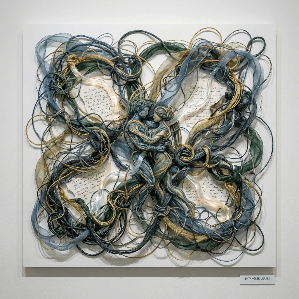 Textile art ENTANGLED VERSES featuring blue and gold fibers and glowing light tubes.
