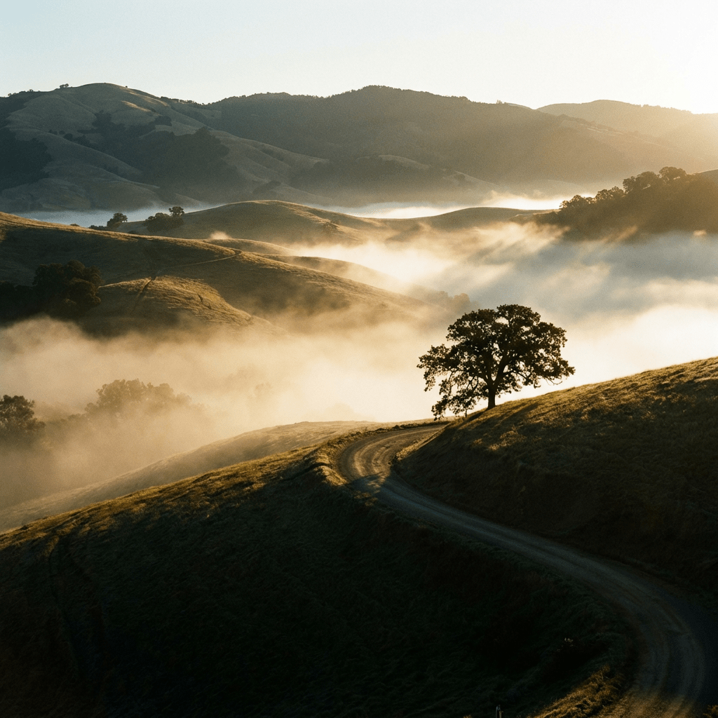 Winding road through golden rolling hills with thick fog in the valleys at sunrise.