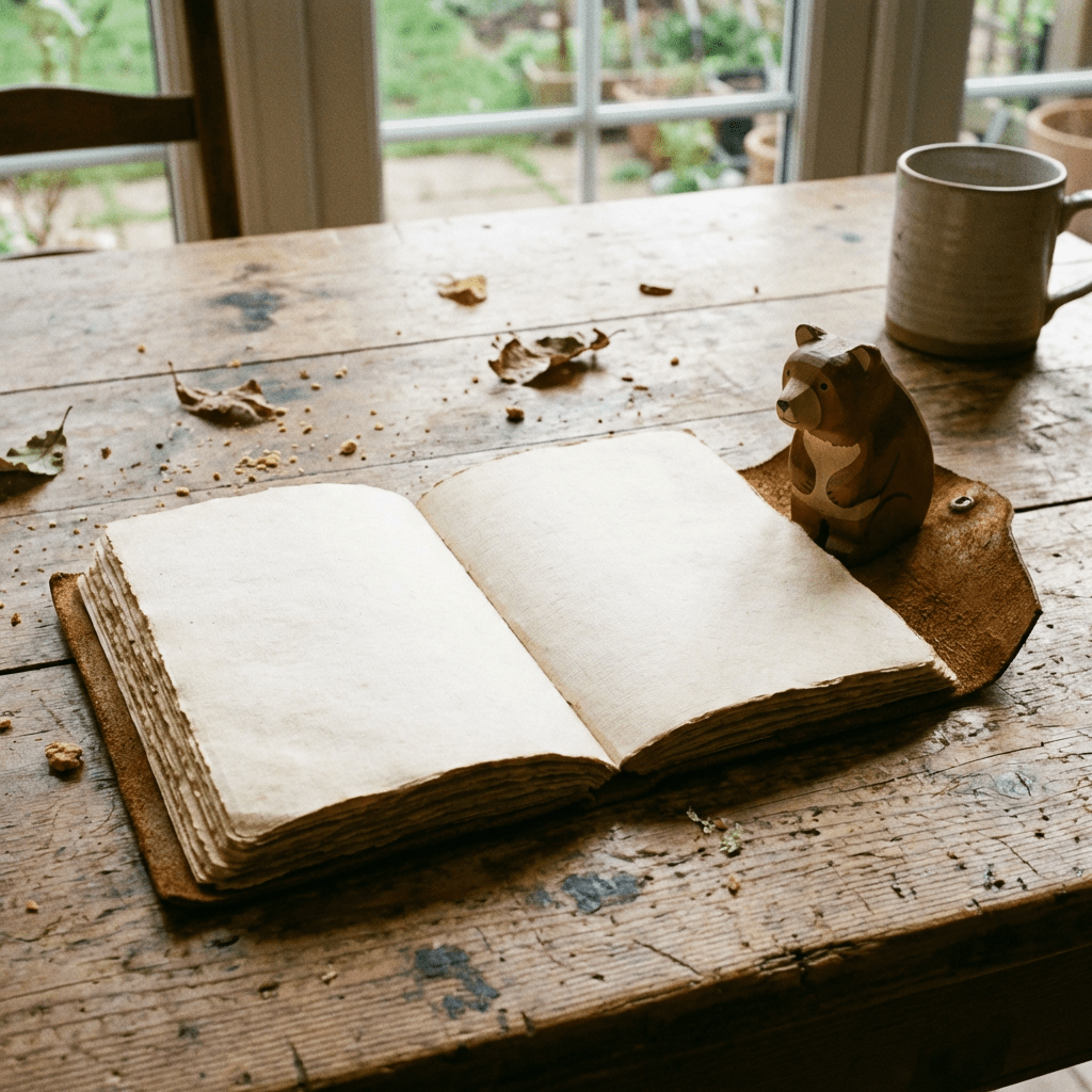 An open handmade journal on a rustic wooden table next to a wooden bear figurine.