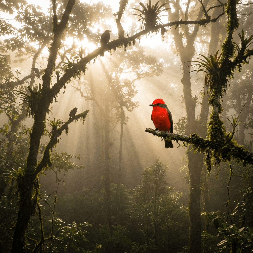 A bright red bird perched on a mossy branch in a misty forest with sunbeams.