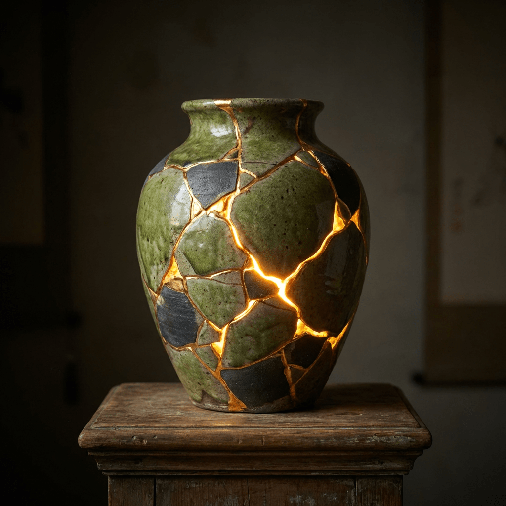 Green ceramic vase with golden Kintsugi repairs and a warm internal glow.