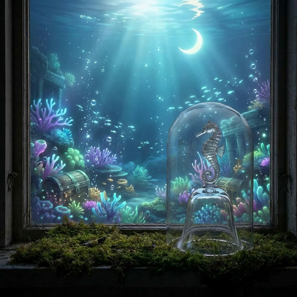 A glass seahorse sculpture inside a cloche on a mossy windowsill under a crescent moon.