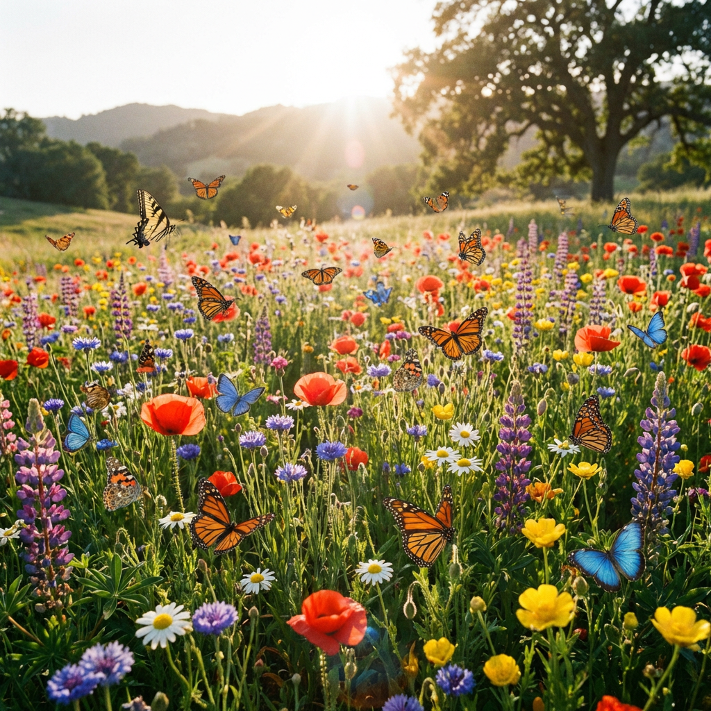 Colorful butterflies fluttering over a vibrant wildflower meadow under a bright sun.