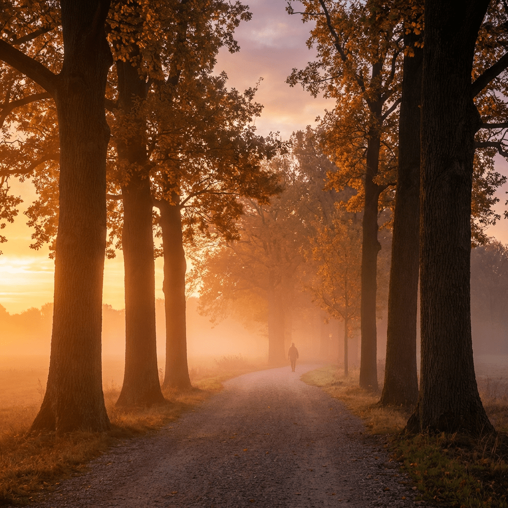 A lone person walks along a misty, tree-lined path under a golden sunrise.