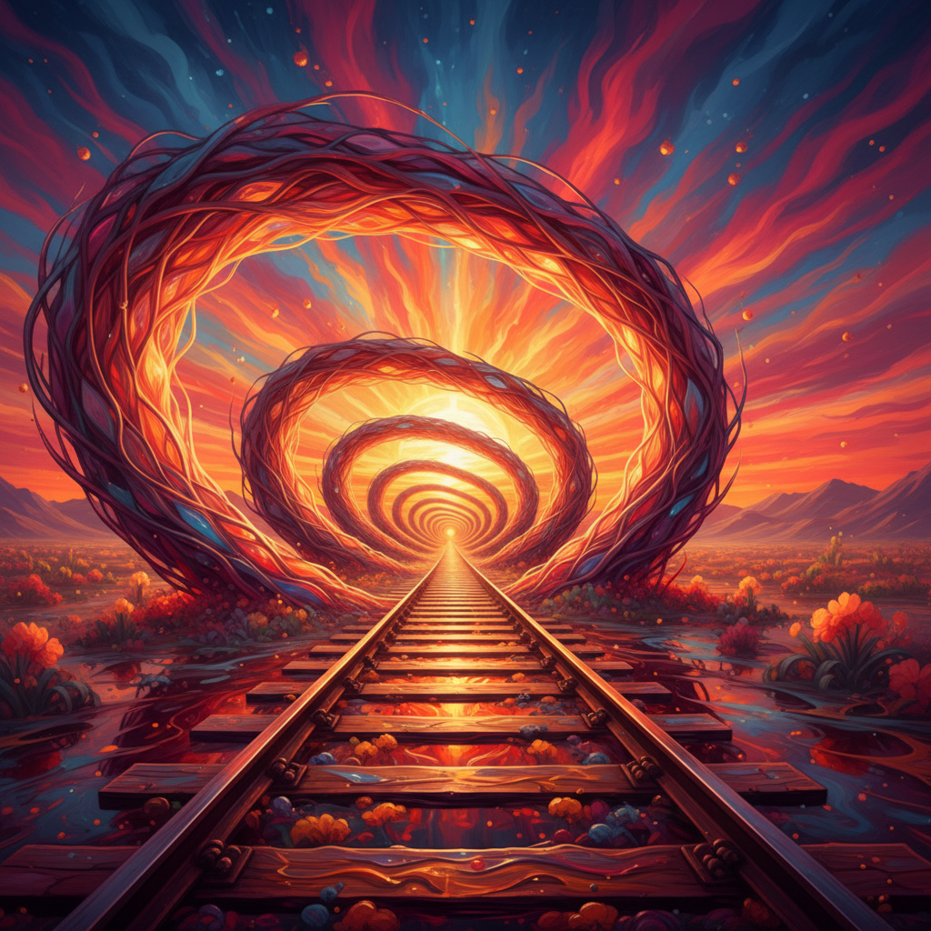 Railway tracks leading through several spiraling, vine-like tunnels towards a bright, distant light.