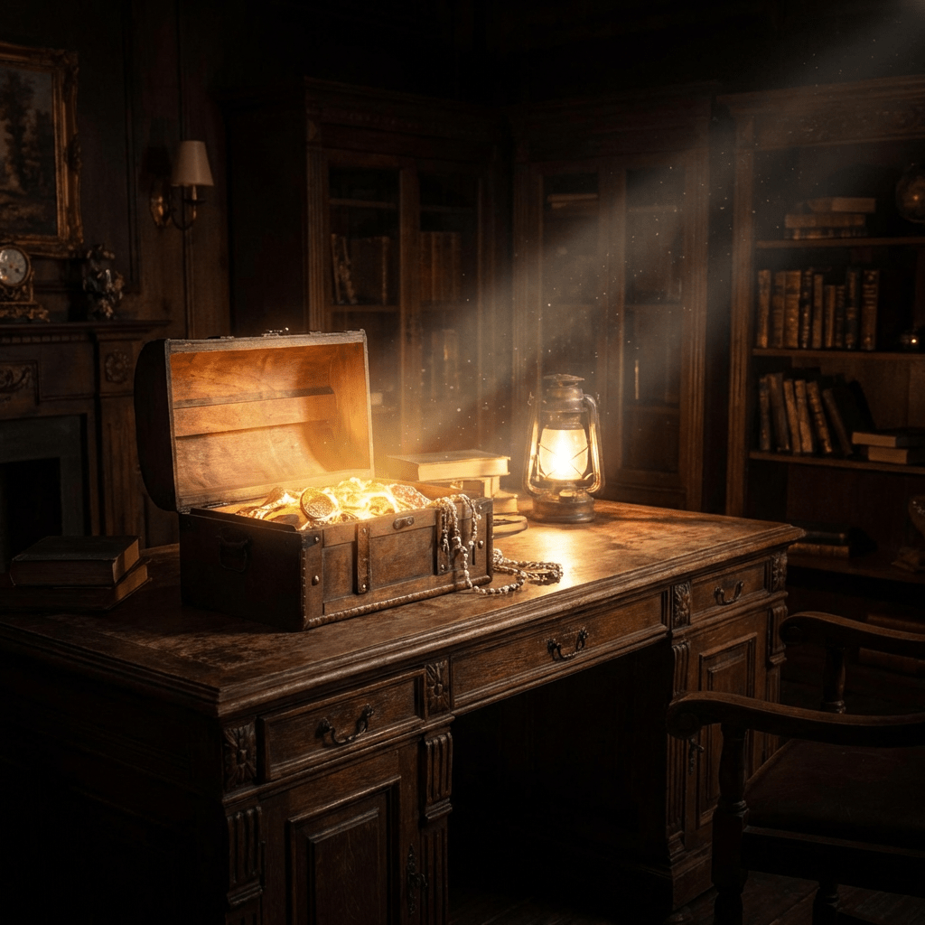Open treasure chest filled with glowing gold and jewels on a desk in a library.