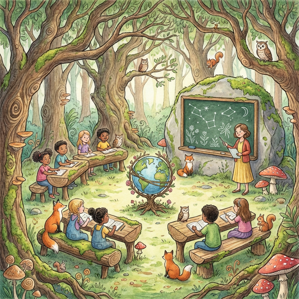Diverse children learning in a whimsical forest classroom with a teacher and friendly animals.