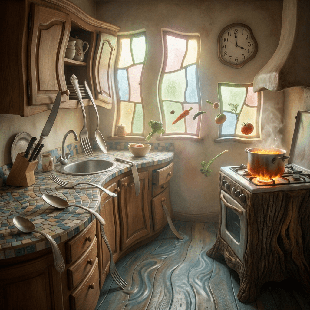 Surrealist digital art of a kitchen with distorted cabinets, melting silverware, and floating vegetables.