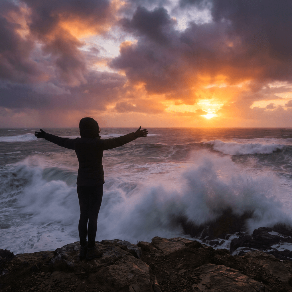 Silhouette of a person with arms outstretched on a cliff overlooking a stormy ocean at sunset.